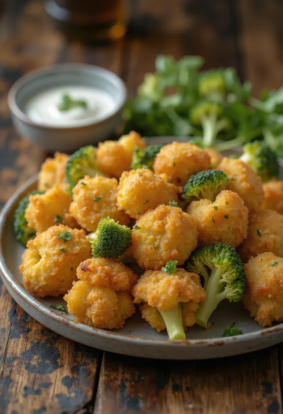 Broccoli impanati croccanti fritti dorati, serviti su un piatto con fette di limone fresco.