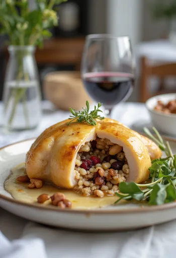 Quaglia ripiena al riso selvatico servita su un piatto