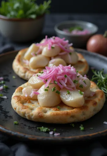 Surströmming con cipolla rossa, servito su pane fresco, condito con coriandolo e succo di limone