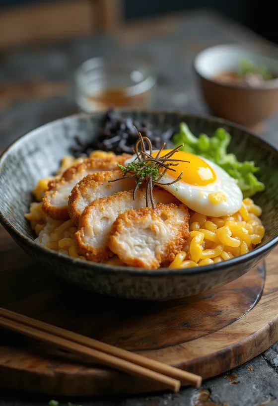 Katsudon con ripieno di ravanello Takuan servito con pollo croccante e verdure fresche