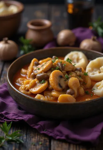 Paprikash di funghi con panna acida fresco, servito con gnocchetti morbidi