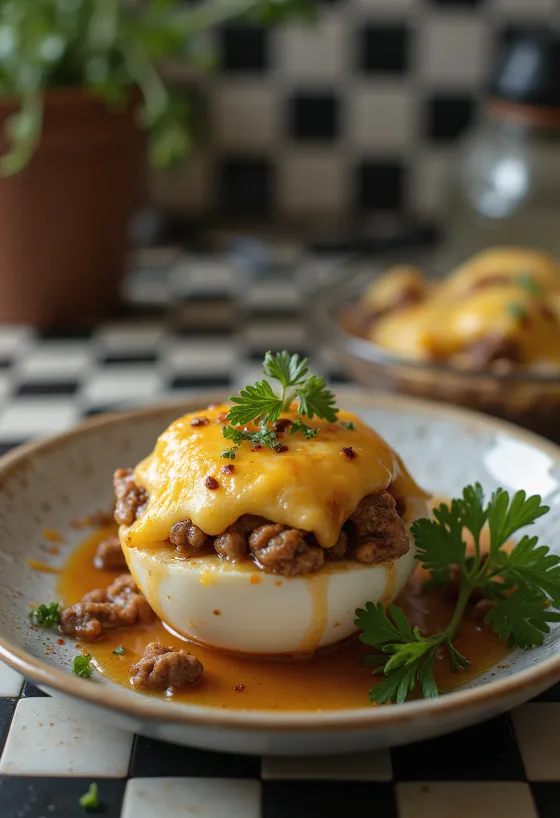 Melanzane ripiene con formaggio croccante sopra, cosparse di erbe fresche