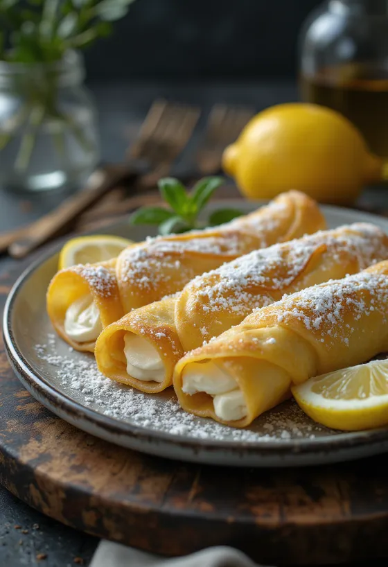 Palatschinken alla ricotta spolverate di zucchero a velo e servite con panna acida