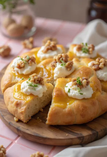 Focaccia con crema di noci e formaggio di capra servita