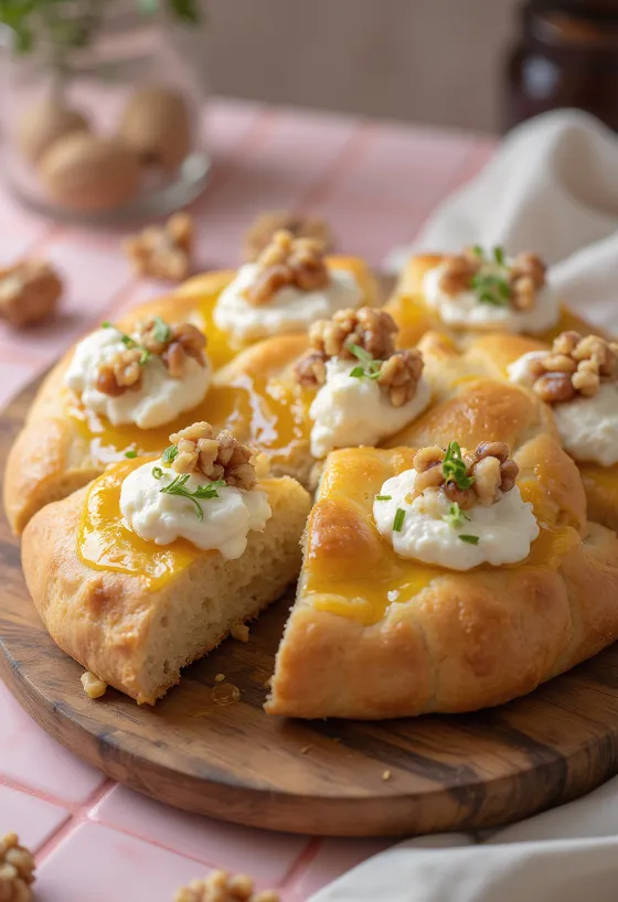 Focaccia con crema di noci e formaggio di capra servita