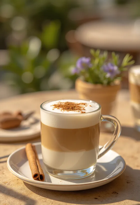 Bevanda al latte con decorazione di cannella e menta