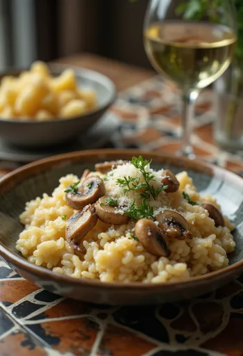 Risotto ai funghi servito con erbe fresche e parmigiano