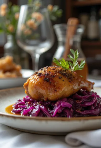 Cosce di anatra servite con cavolo rosso stufato