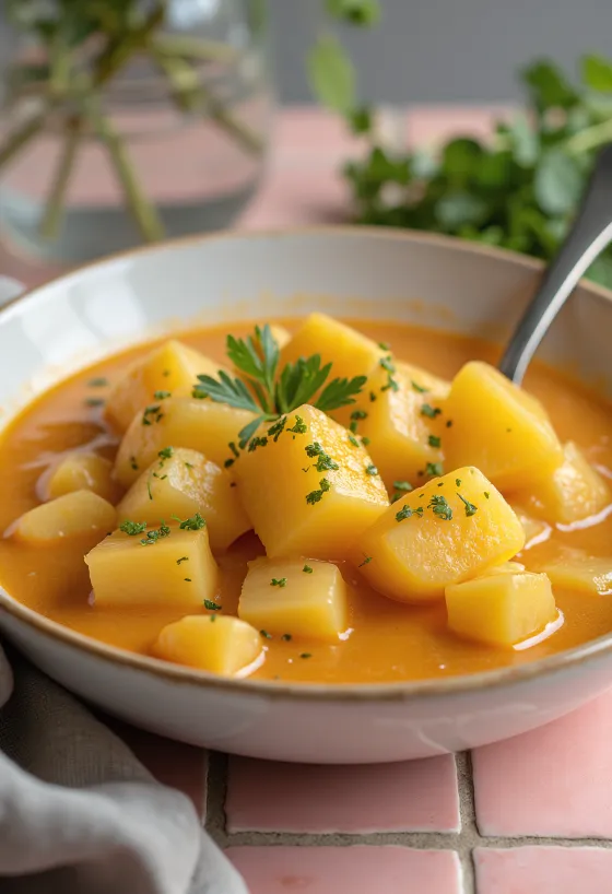 Classico stufato di patate con panna acida e prezzemolo fresco.