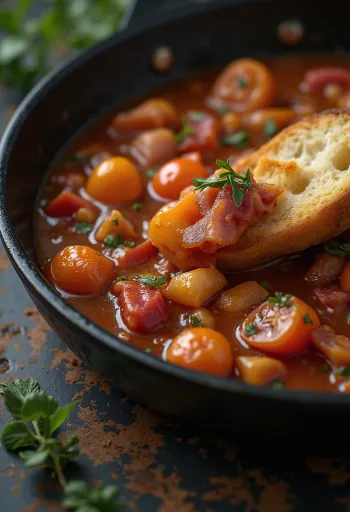 Lecsó servito con peperoni freschi, pomodoro e salsiccia affumicata