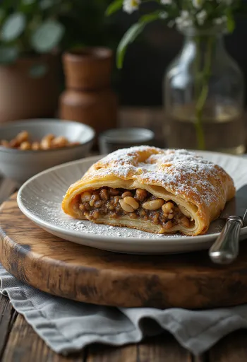 Strudel ai semi di papavero e noci servito