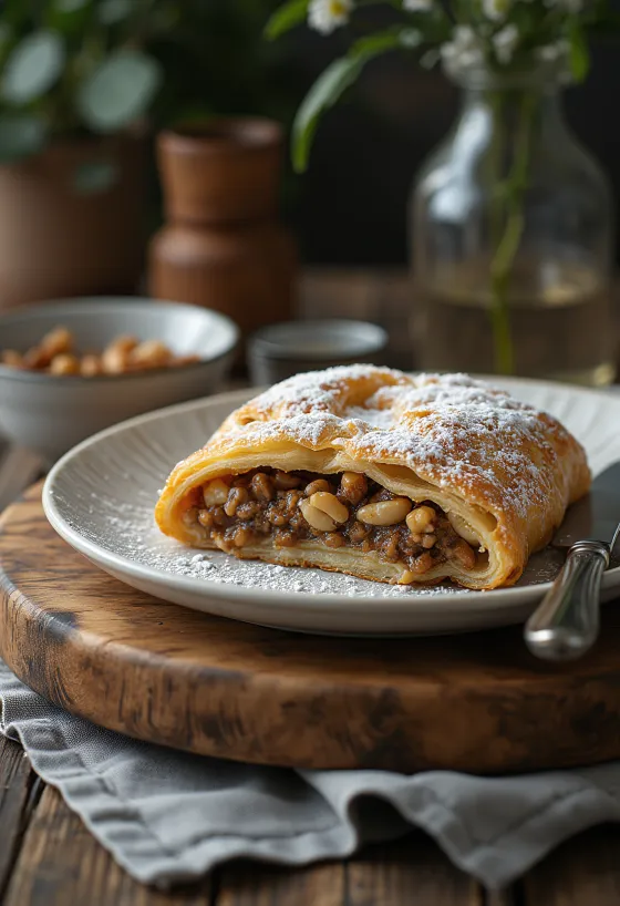 Strudel ai semi di papavero e noci servito