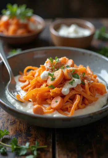Insalata di carote prebiotica servita con yogurt, carote grattugiate e prezzemolo fresco