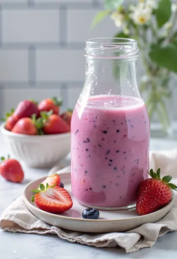 Kefir probiotico con fragole e ribes nero decorato con foglie di menta fresca