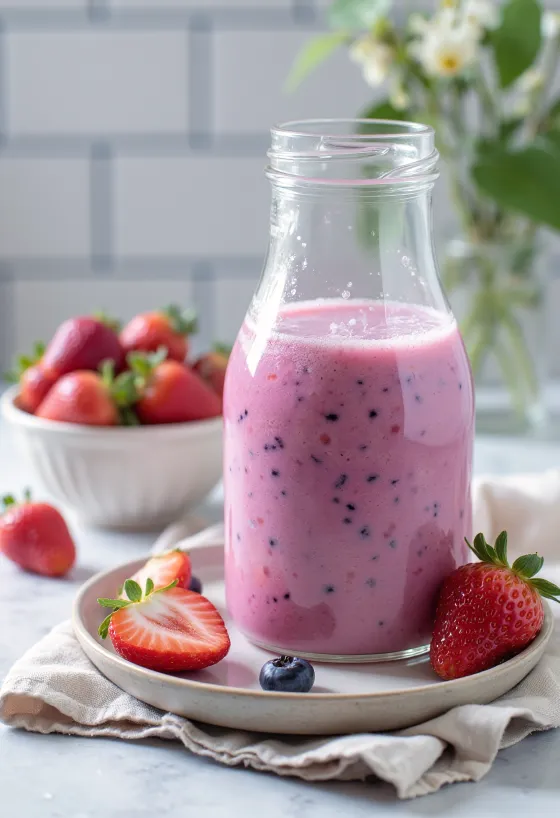 Kefir probiotico con fragole e ribes nero decorato con foglie di menta fresca