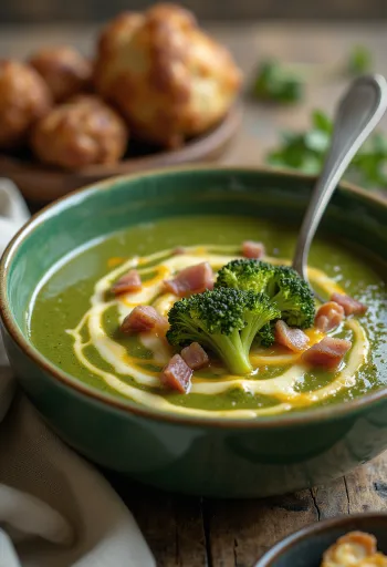 Vellutata di broccoli con formaggio e prosciutto affumicato servita
