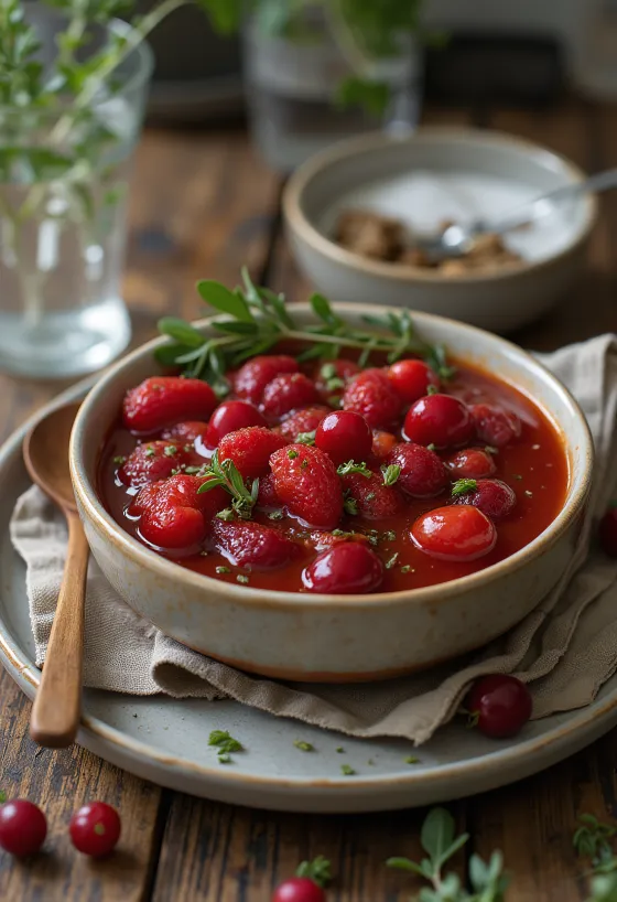 Salsa di pomodoro con mirtilli rossi e dragoncello servita