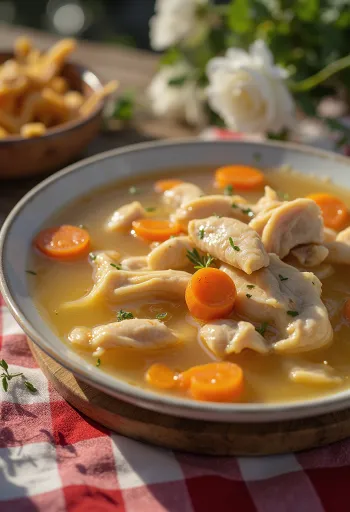 Brodo di pollo caldo con verdure e capellini