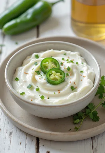 Salsa di panna acida al jalapeño e aneto servita in una ciotolina