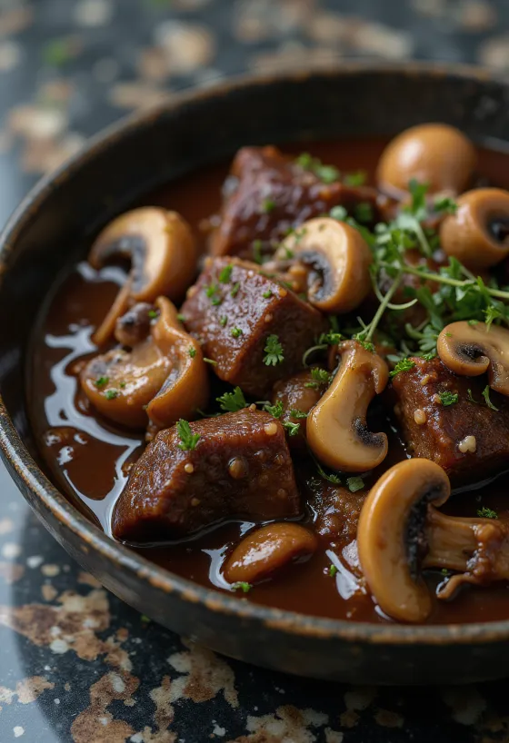 Stufato di alce con funghi servito in una ciotola rustica.