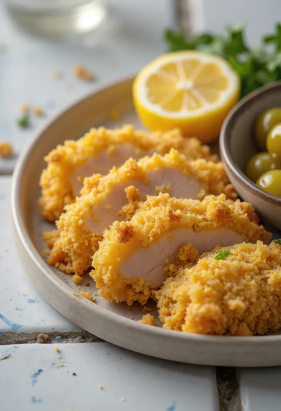 Cotoletta di maiale fritta dorata, servita con panatura croccante e fette di limone fresco