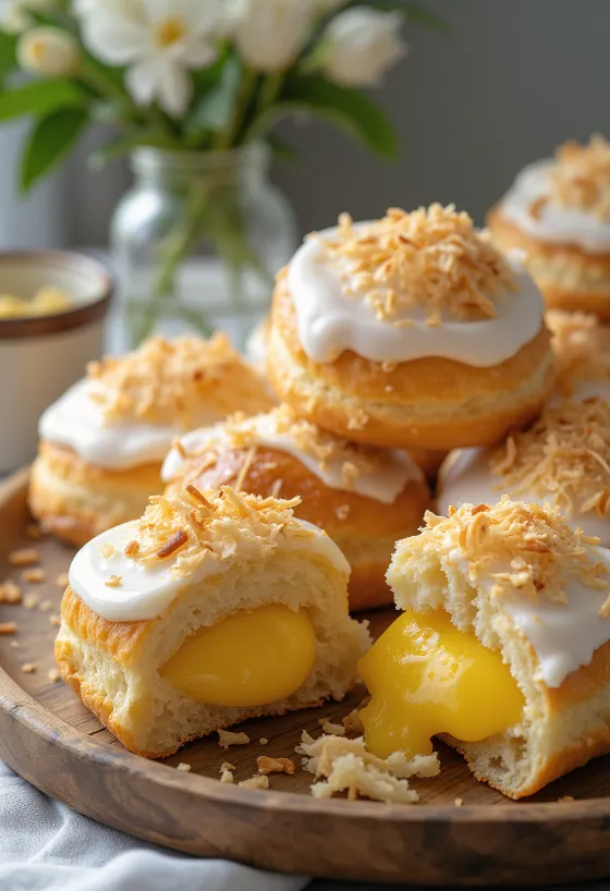 Skolebrød con farina di mandorle - dolce ripieno di crema con glassa al cocco