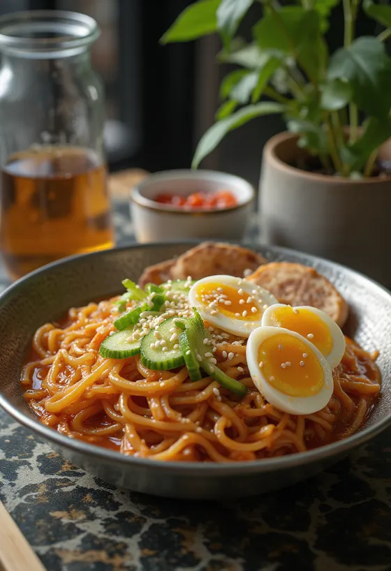 Bibim naengmyeon noodles freddi coreani con verdure fresche e salsa piccante
