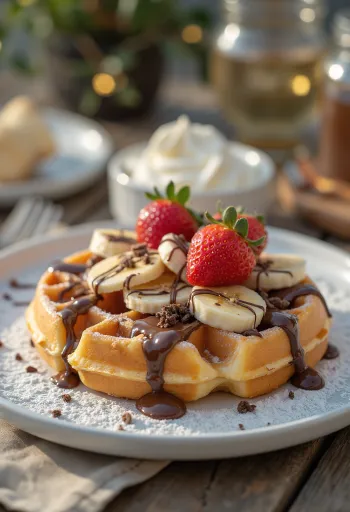 Waffle da dessert con cioccolato fuso e frutta