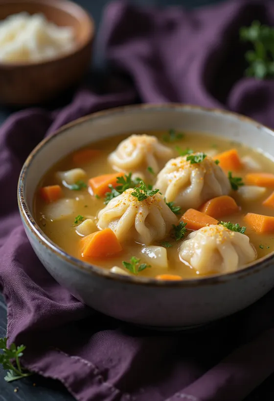 Zuppa calda con verdure e morbidi gnocchetti fatti in casa, servita in un piatto fondo.