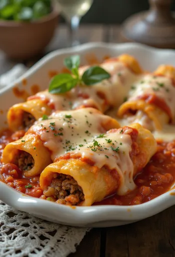 Cannelloni di carne serviti con salsa di pomodoro e formaggio fuso
