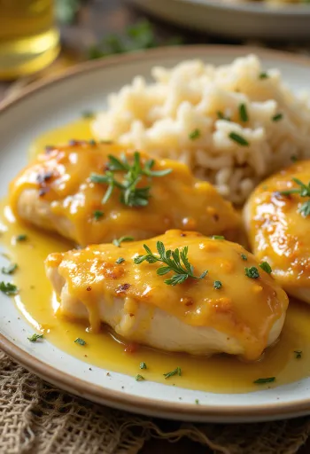 Petto di pollo succoso al miele e senape cotto fino a croccantezza, servito con verdure fresche.