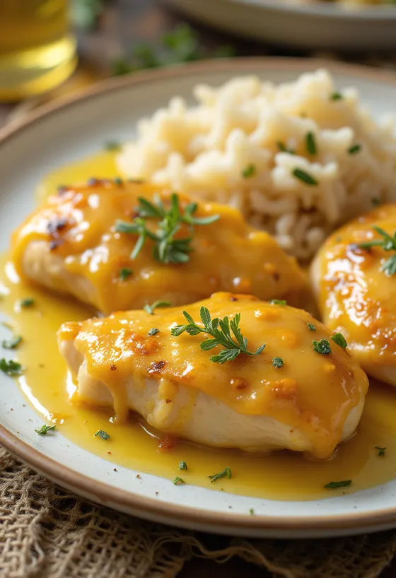 Petto di pollo succoso al miele e senape cotto fino a croccantezza, servito con verdure fresche.