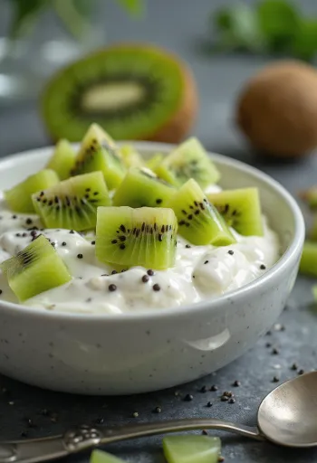 Yogurt probiotico al kiwi servito in bicchieri, con pezzi di kiwi fresco