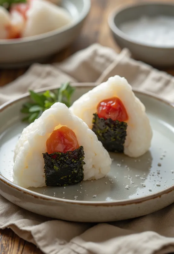 Onigiri ripieni di prugna Umeboshi serviti con fogli di nori freschi
