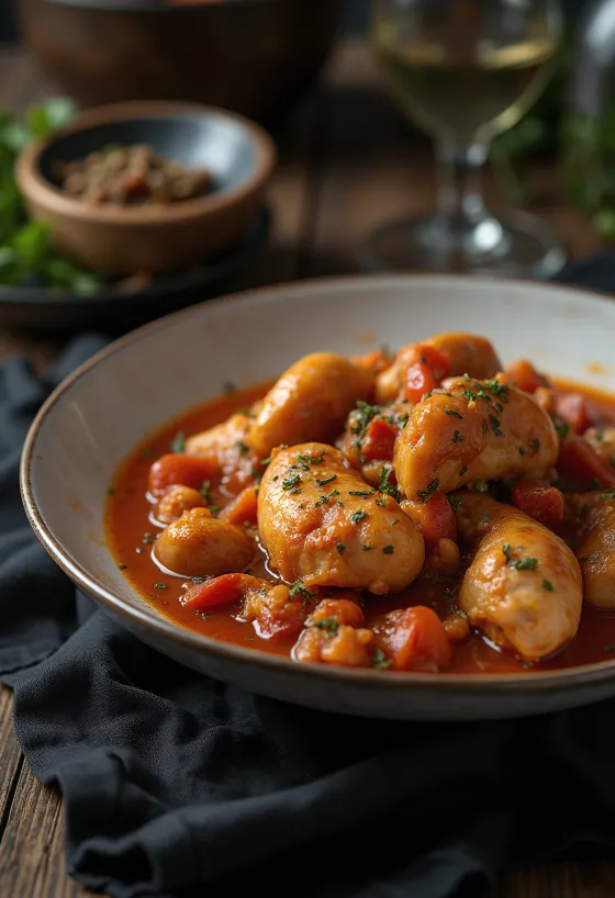 Pollo alla Cacciatora con salsiccia, pollo e peperoni rossi, decorato con origano fresco
