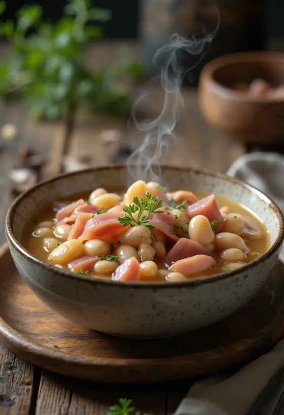 Prosciutto affumicato con fagioli servito con prezzemolo fresco