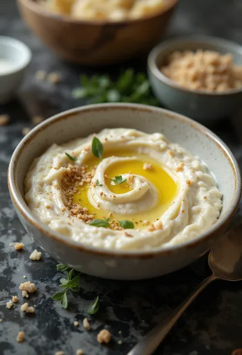 Crema di melanzane con salsa tahina servita