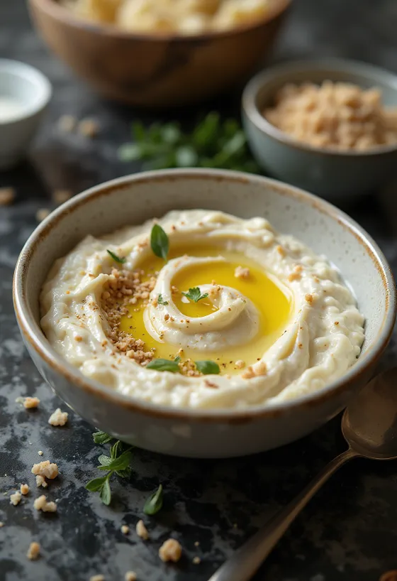 Crema di melanzane con salsa tahina servita