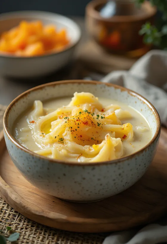 Vellutata cremosa di zucca con aneto e panna acida, servita con un panino croccante.