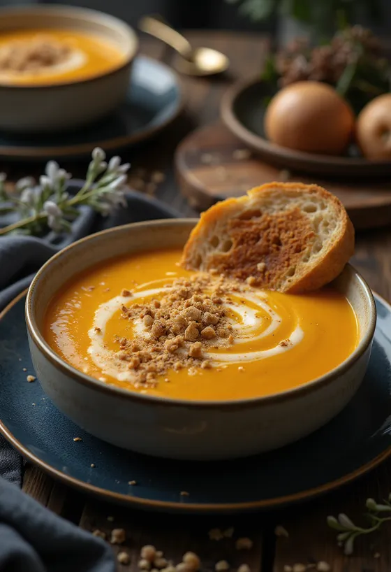Vellutata di zucca cremosa servita con semi di zucca tostati e prezzemolo fresco
