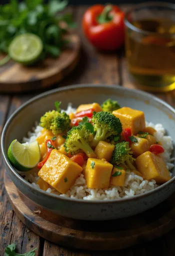 Curry di verdure con tofu e riso