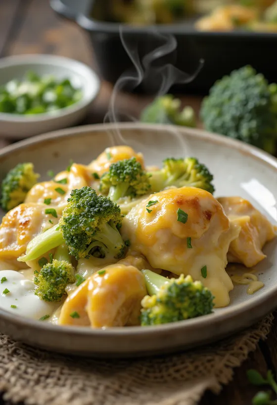 Pollo e broccoli al forno con succoso filetto di petto di pollo e formaggio fuso sopra