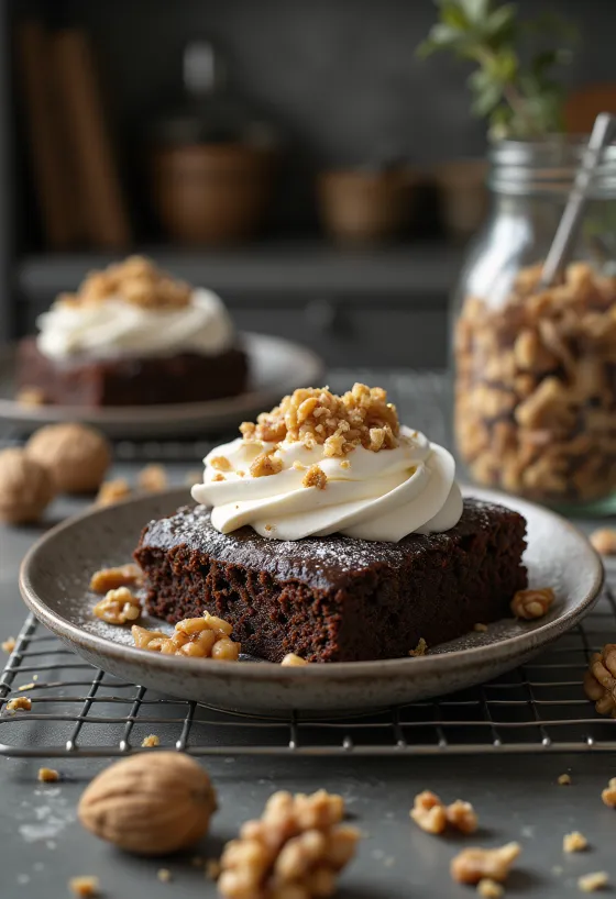 Torta alle noci e cioccolato decorata con noci tostate