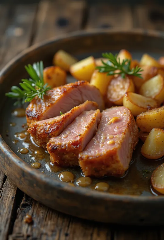 Coppa affumicata con patate arrosto servita