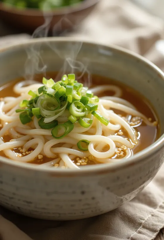 Kake udon servito in ciotola con brodo dashi, cipollotto fresco e semi di sesamo