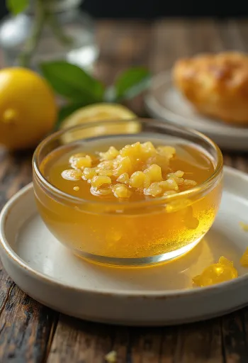 Glassa al miele, limone e zenzero in una ciotola, decorata con fette di limone e zenzero.