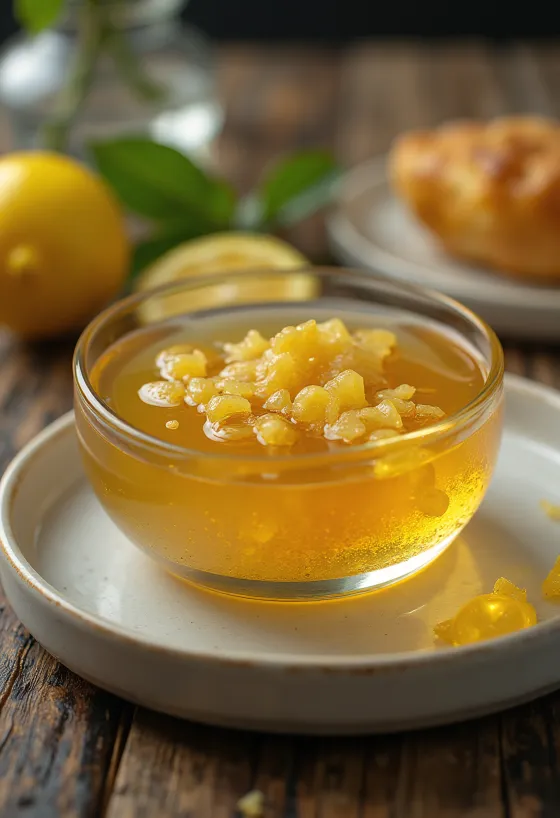 Glassa al miele, limone e zenzero in una ciotola, decorata con fette di limone e zenzero.