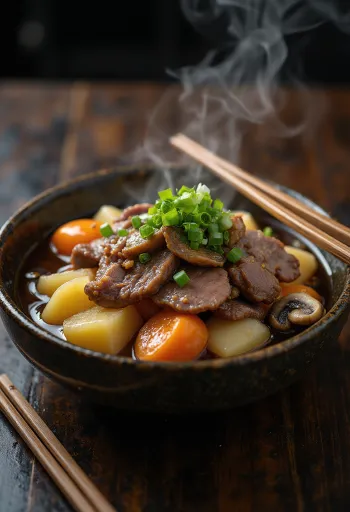 Nikujaga al Miso, servito con manzo, verdure e pasta di miso