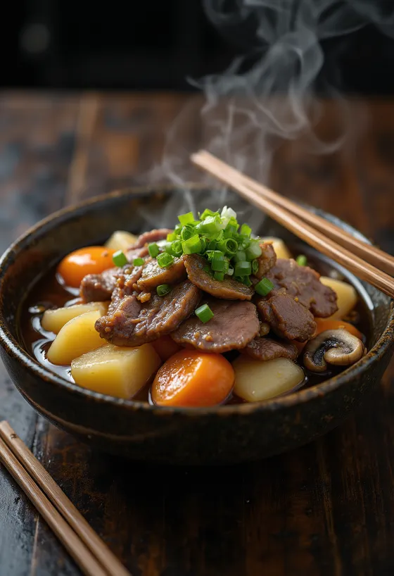 Nikujaga al Miso, servito con manzo, verdure e pasta di miso