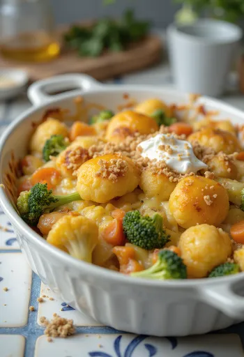 Verdure al forno morbide con salsa cremosa e formaggio fuso in superficie